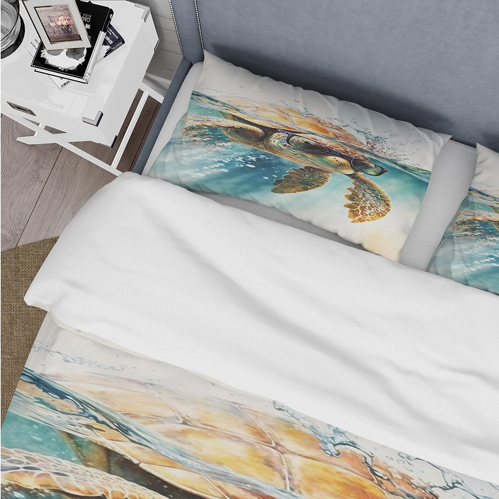 Turtle With Glasses In The Ocean III - Duvet Cover Set