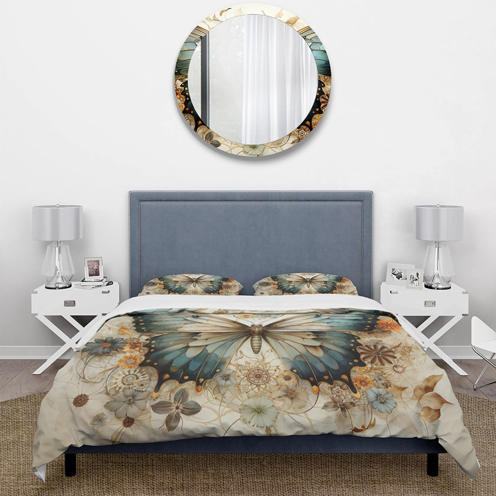 Teal Beige Butterfly Intricate Patterns - Duvet Cover Set