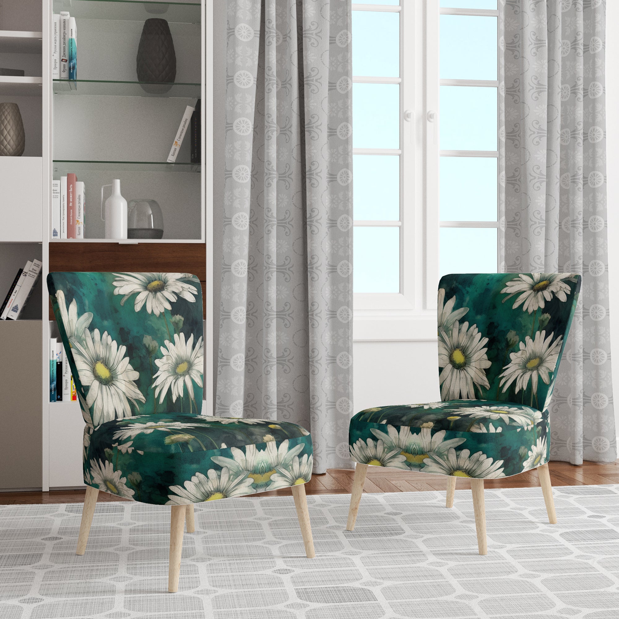 White Teal Daisy Flower Fusion - Traditional Accent Side Chair