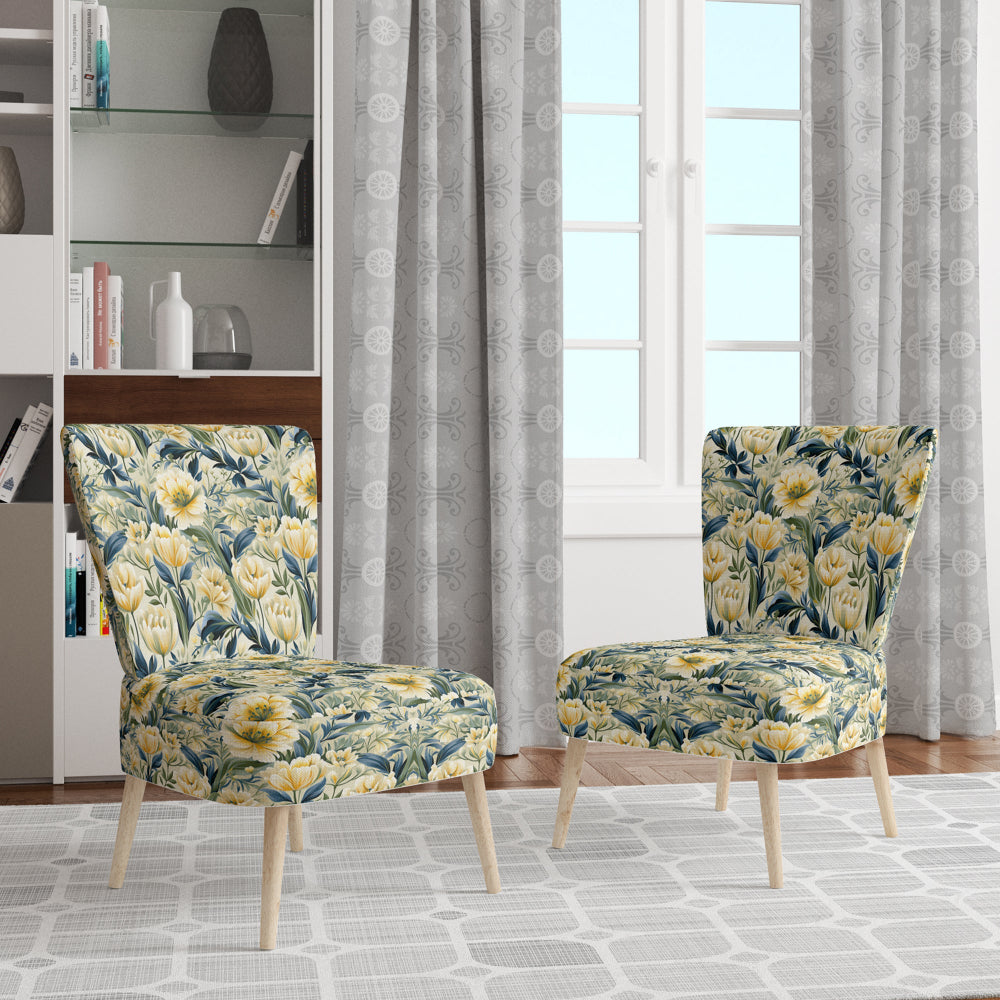 Yellow And Green Botanical Ikat Haven - Cottage Accent Slipper Chair