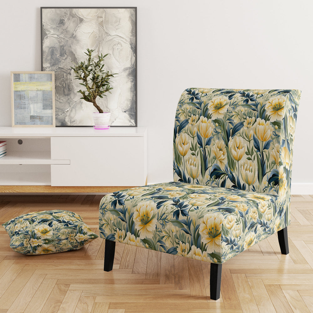 Yellow And Green Botanical Ikat Haven - Cottage Accent Slipper Chair