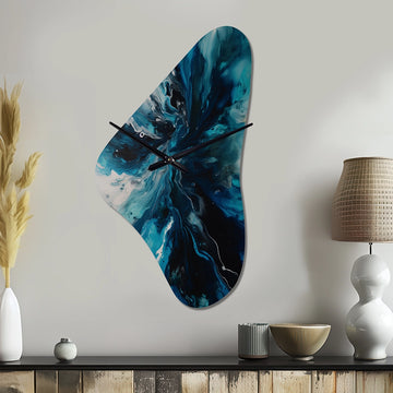 Teal and Black Aqueous Whimsy II - Asymmetric Metal Wall Clock