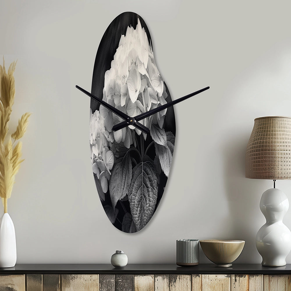 Grey White Hydrangea Bloom II - Asymmetric Metal Wall Clock