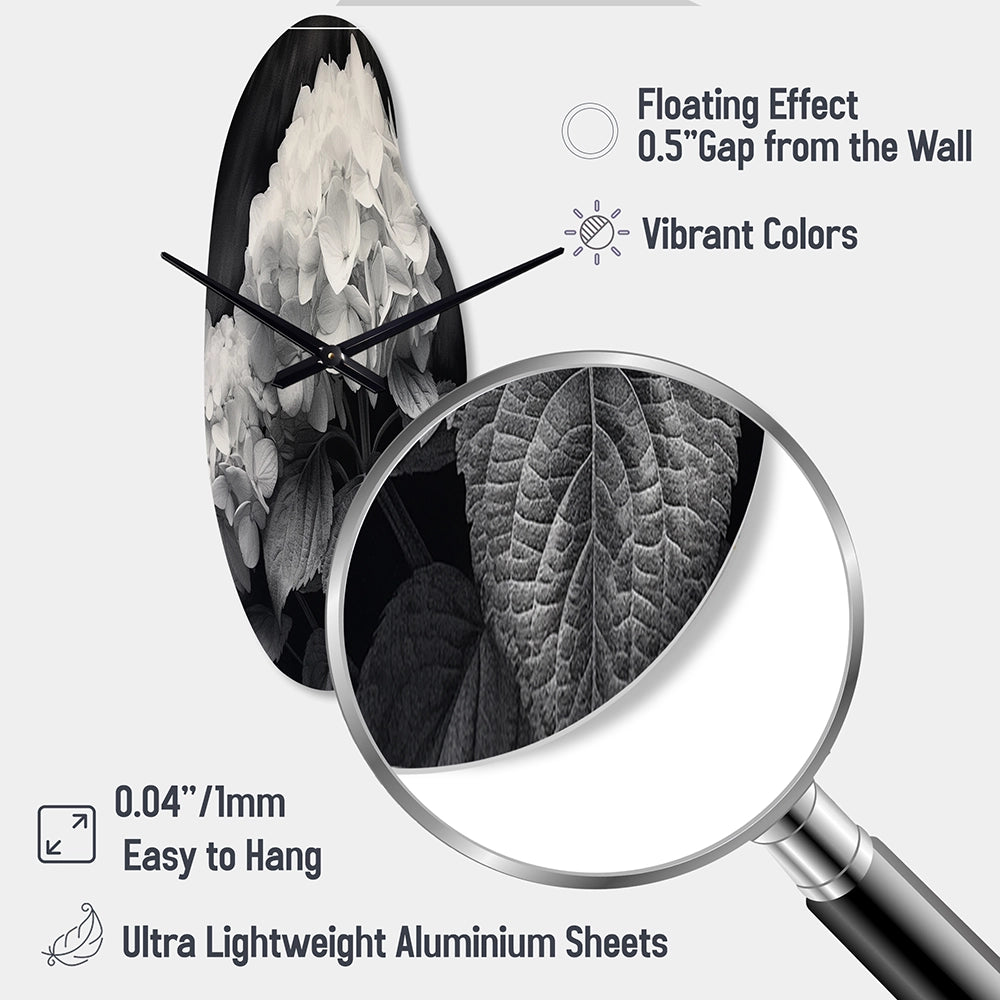 Grey White Hydrangea Bloom II - Asymmetric Metal Wall Clock