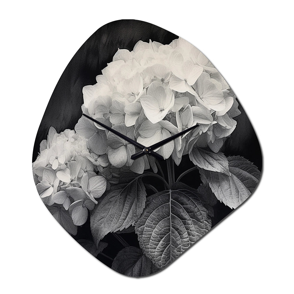 Grey White Hydrangea Bloom II - Asymmetric Metal Wall Clock