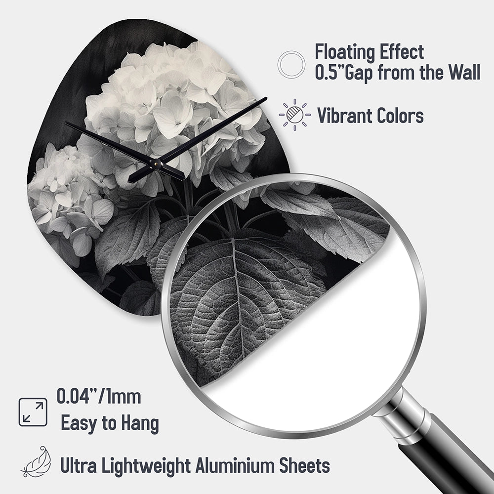 Grey White Hydrangea Bloom II - Asymmetric Metal Wall Clock