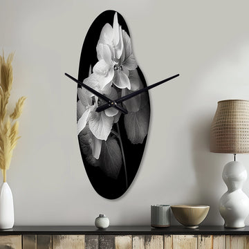 Black White Hydrangea Blooming I - Asymmetric Metal Wall Clock