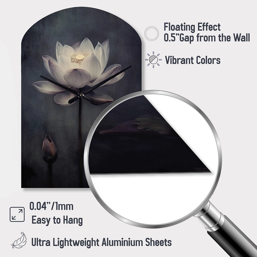 Grey Monochrome Lotus Symphony III - Asymmetric Metal Wall Clock