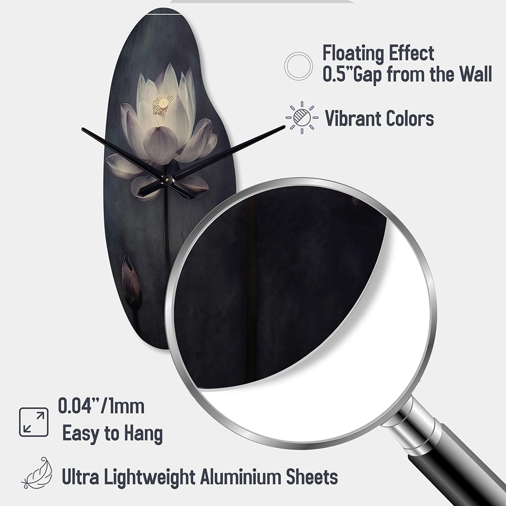 Grey Monochrome Lotus Symphony III - Asymmetric Metal Wall Clock