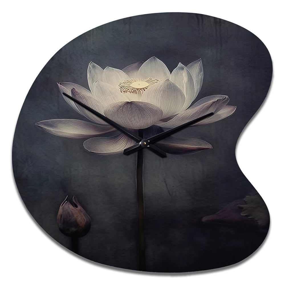 Grey Monochrome Lotus Symphony III - Asymmetric Metal Wall Clock