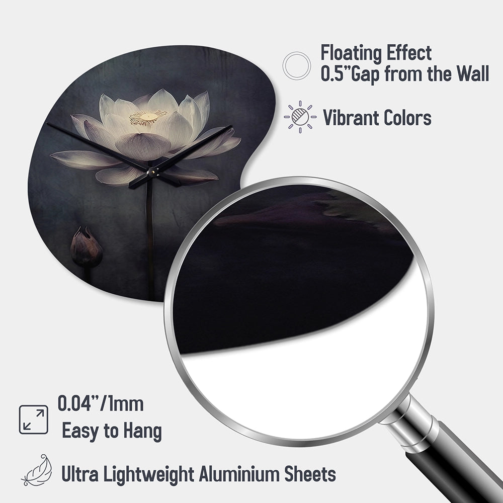 Grey Monochrome Lotus Symphony III - Asymmetric Metal Wall Clock