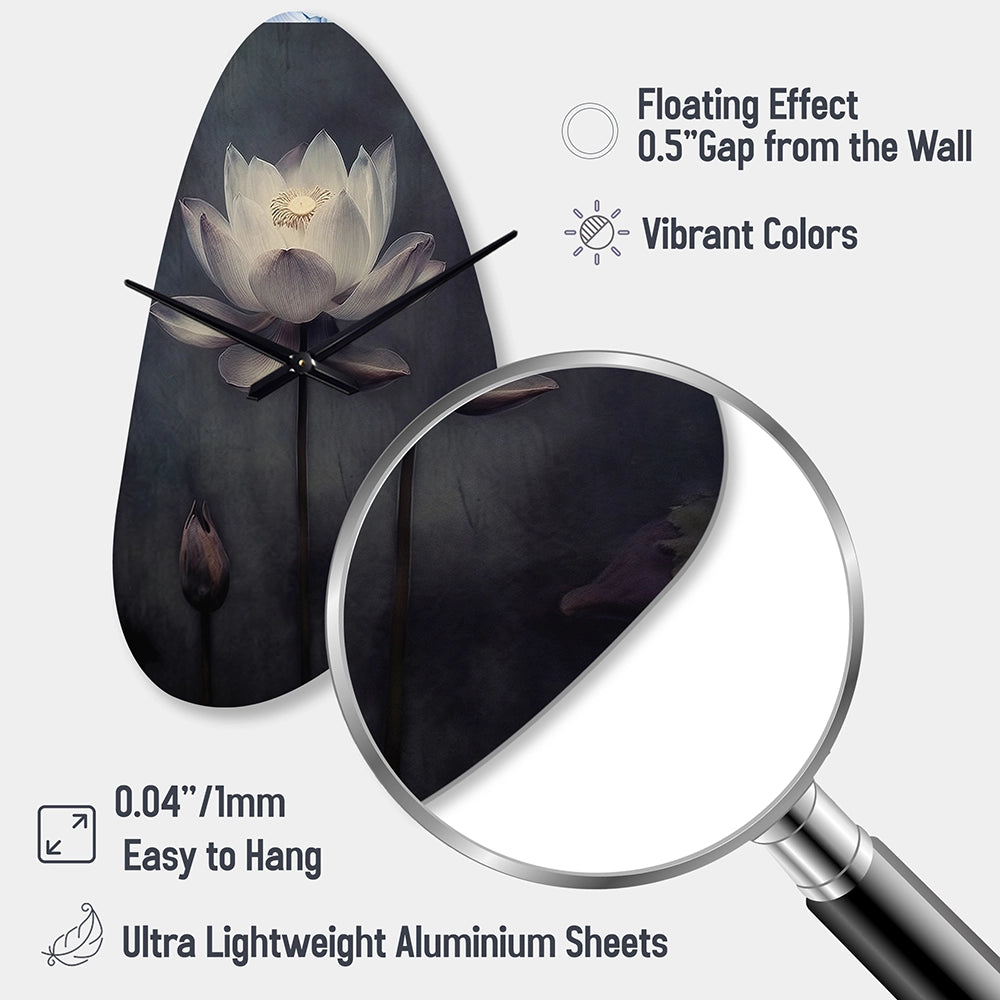 Grey Monochrome Lotus Symphony III - Asymmetric Metal Wall Clock