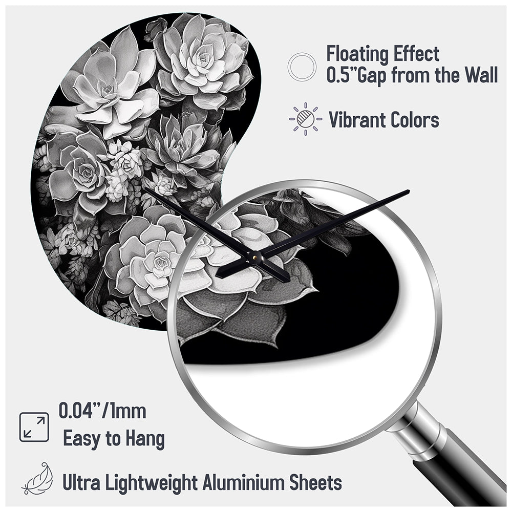 Grey Black Succulent Resilience - Asymmetric Metal Wall Clock