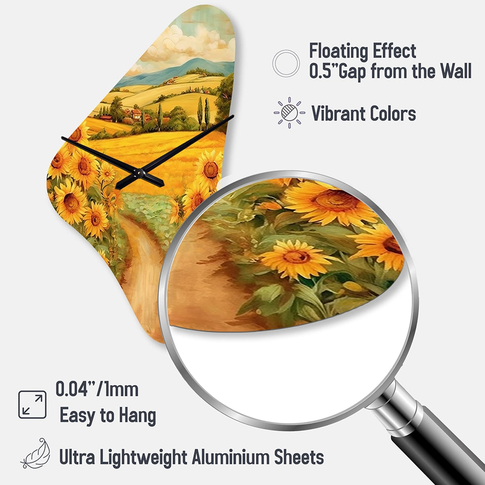 Golden Cheerful Sunflowers II - Asymmetric Metal Wall Clock