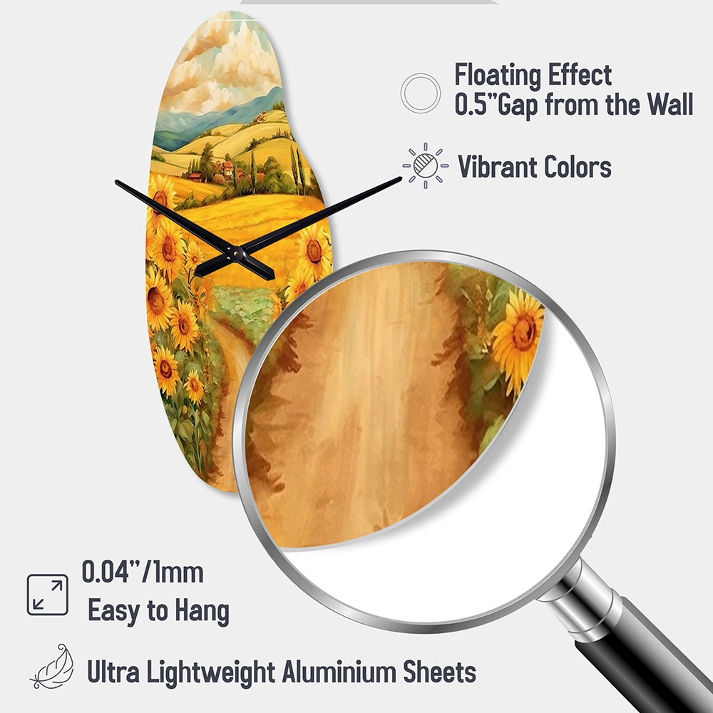 Golden Cheerful Sunflowers II - Asymmetric Metal Wall Clock