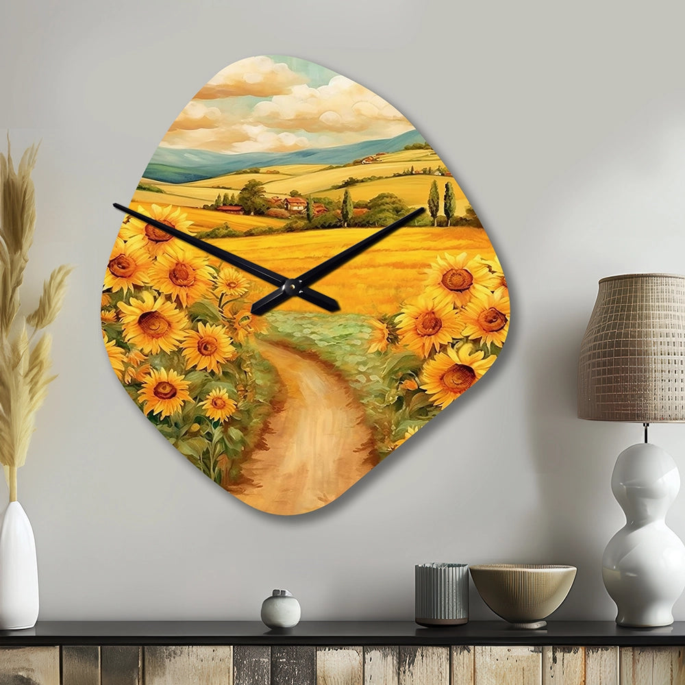 Golden Cheerful Sunflowers II - Asymmetric Metal Wall Clock