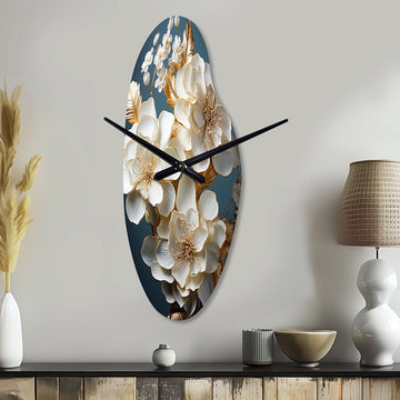 Baroque Hydrangea White And Gold I - Asymmetric Metal Wall Clock