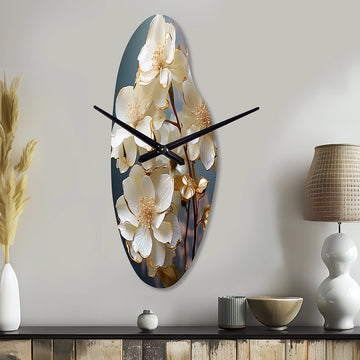Baroque Hydrangea White And Gold II - Asymmetric Metal Wall Clock
