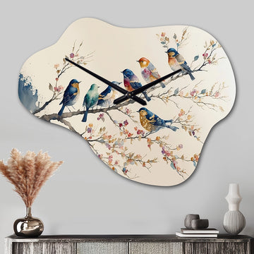 Multicolor Birds On Plum Blossoms Tree VIII - Asymmetric Metal Wall Clock