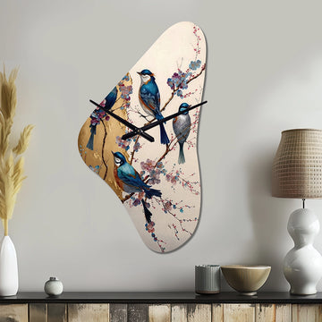 Multicolor Birds On Plum Blossoms Tree II - Asymmetric Metal Wall Clock