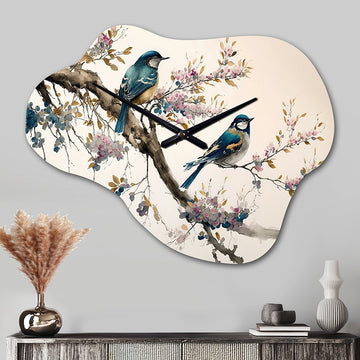 Multicolor Birds On Plum Blossoms Tree XIII - Asymmetric Metal Wall Clock