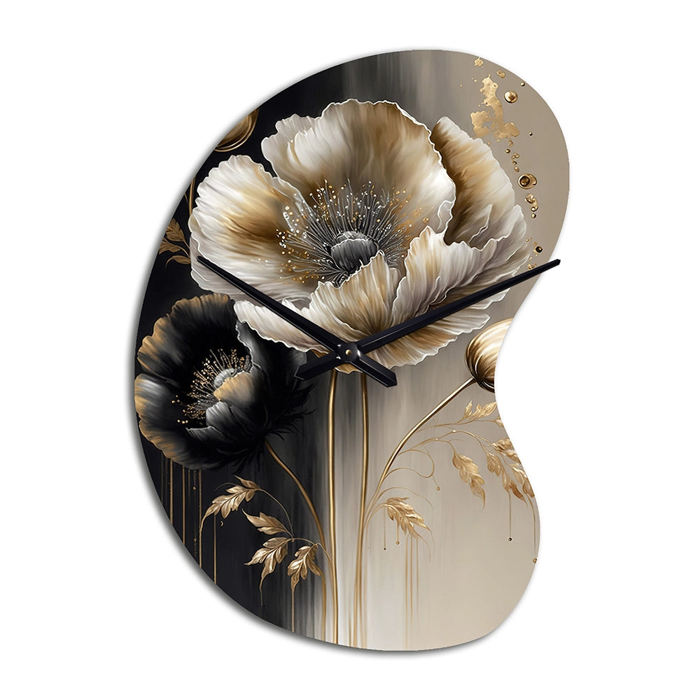 Grey Gold Flower Bouquet V - Asymmetric Metal Wall Clock