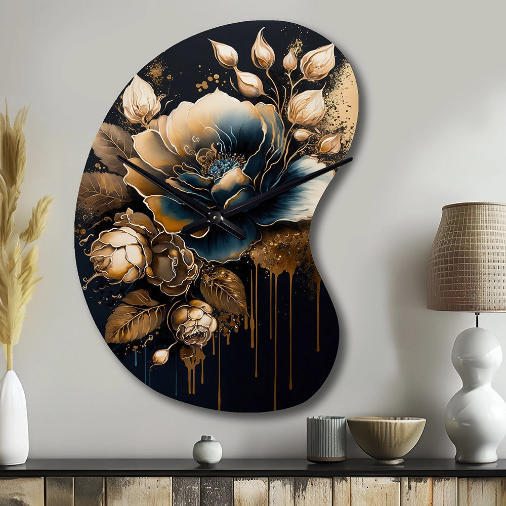 Navy Blue And Gold Rose II - Asymmetric Metal Wall Clock