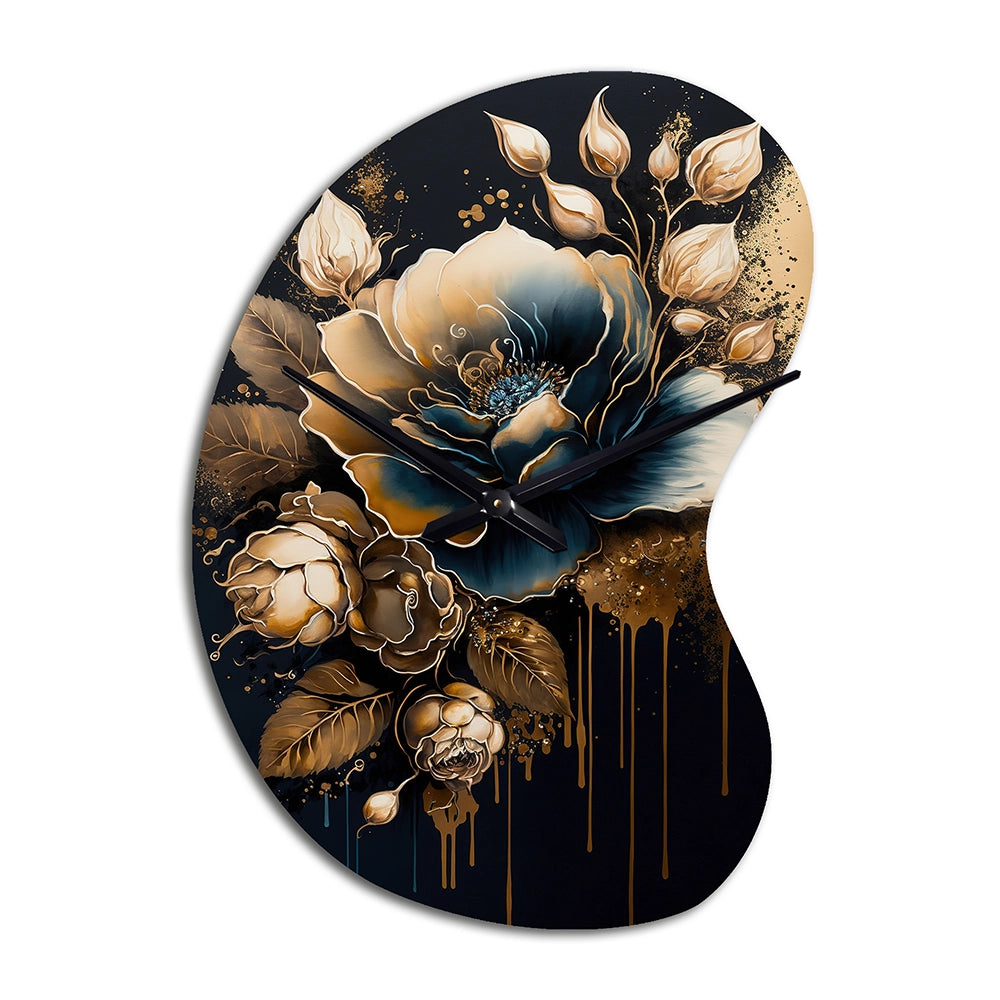 Navy Blue And Gold Rose II - Asymmetric Metal Wall Clock