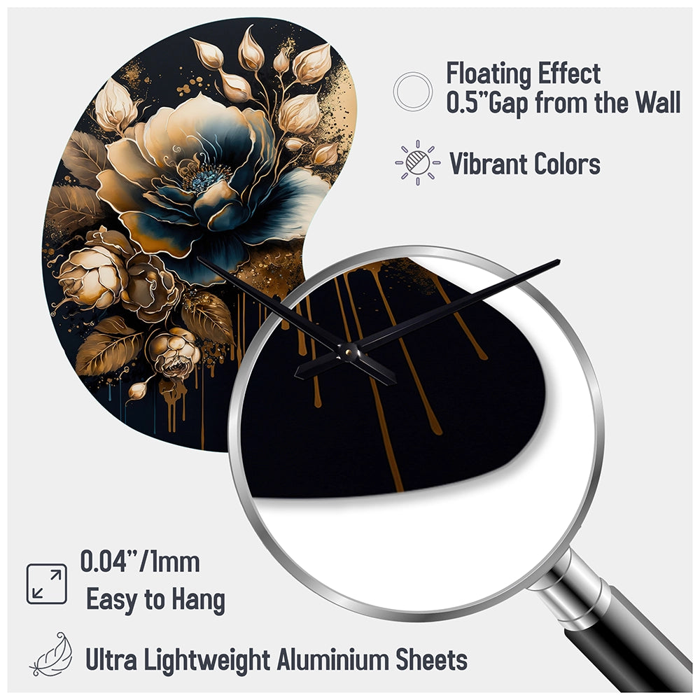 Navy Blue And Gold Rose II - Asymmetric Metal Wall Clock