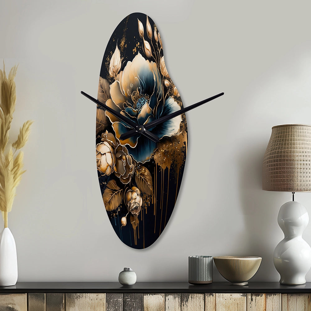 Navy Blue And Gold Rose II - Asymmetric Metal Wall Clock