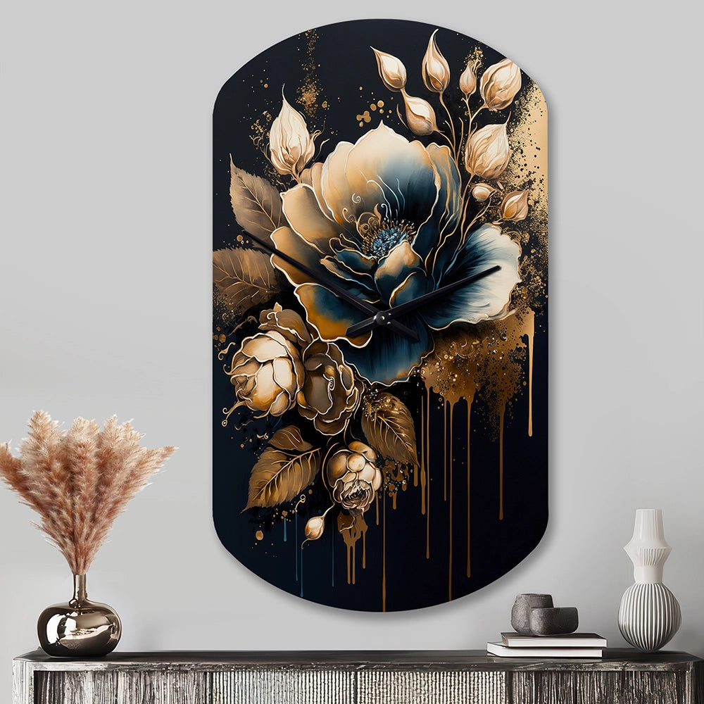 Navy Blue And Gold Rose II - Asymmetric Metal Wall Clock
