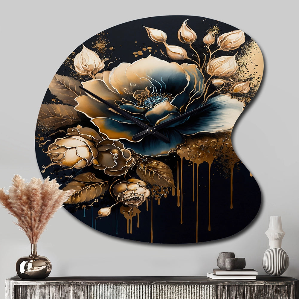 Navy Blue And Gold Rose II - Asymmetric Metal Wall Clock