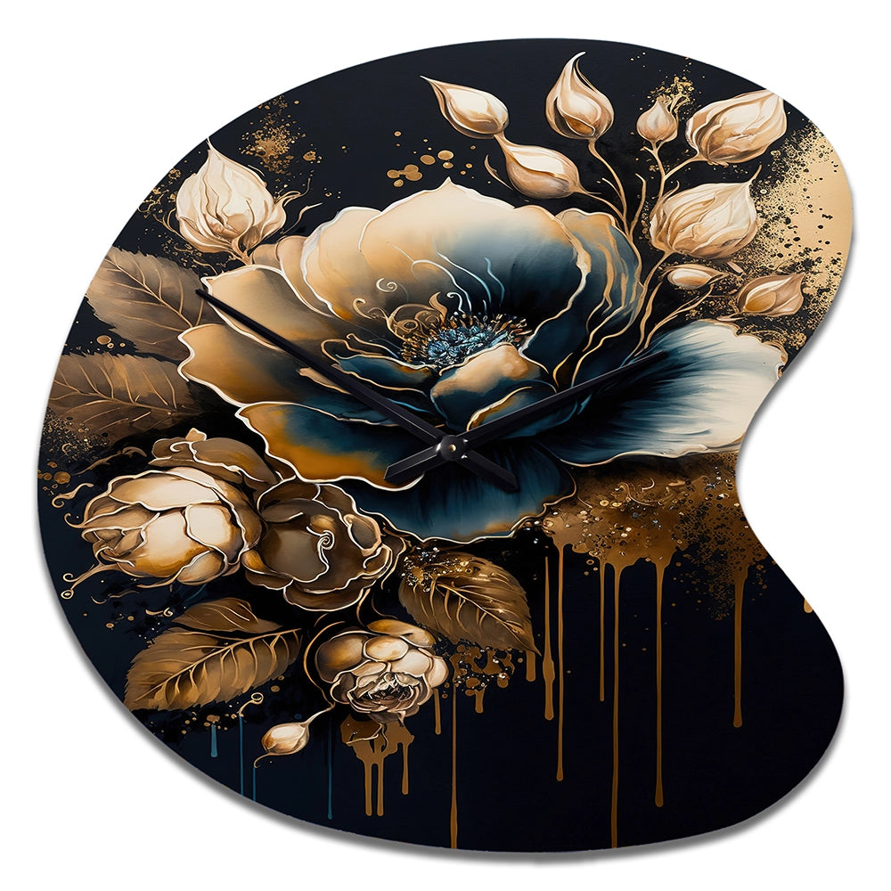 Navy Blue And Gold Rose II - Asymmetric Metal Wall Clock