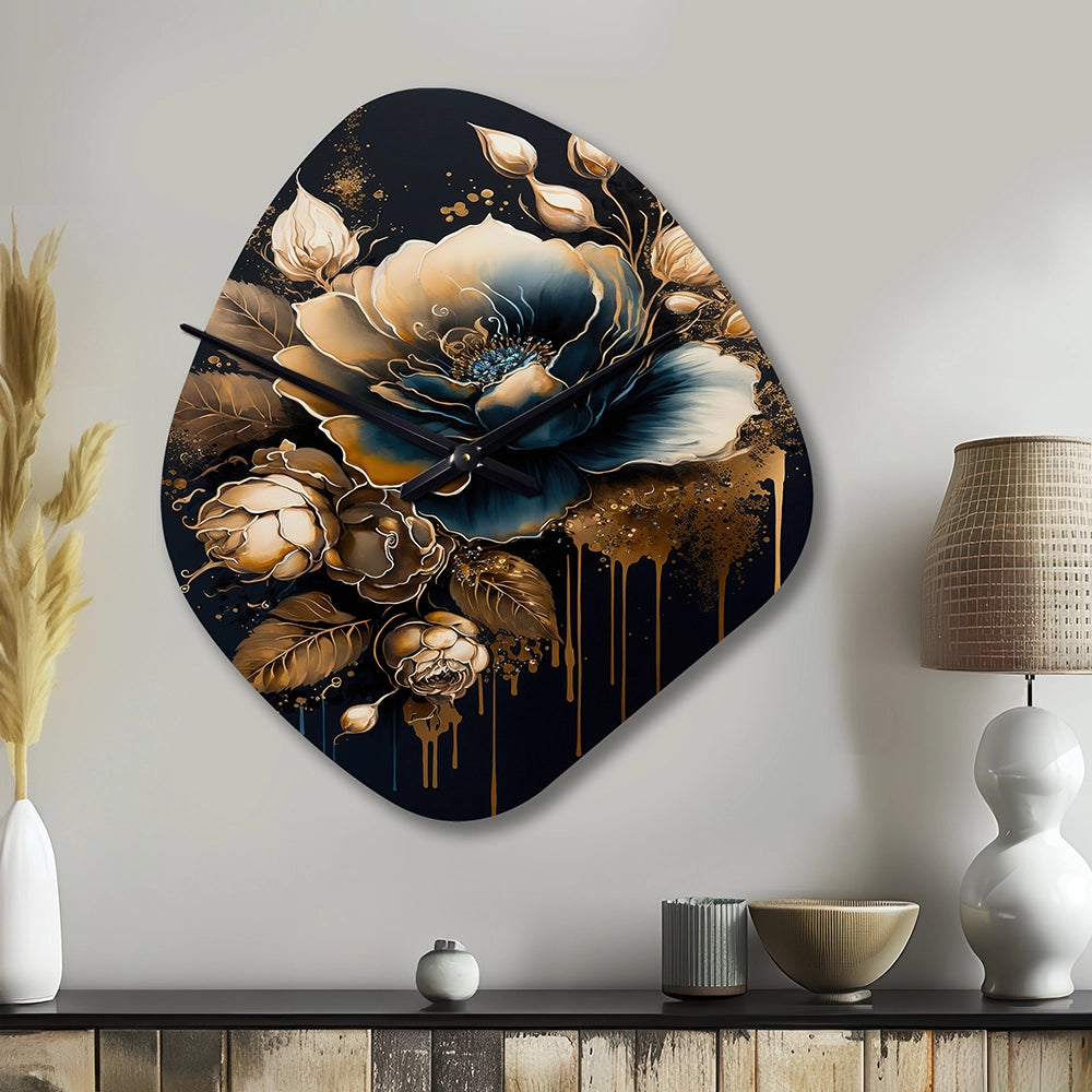 Navy Blue And Gold Rose II - Asymmetric Metal Wall Clock