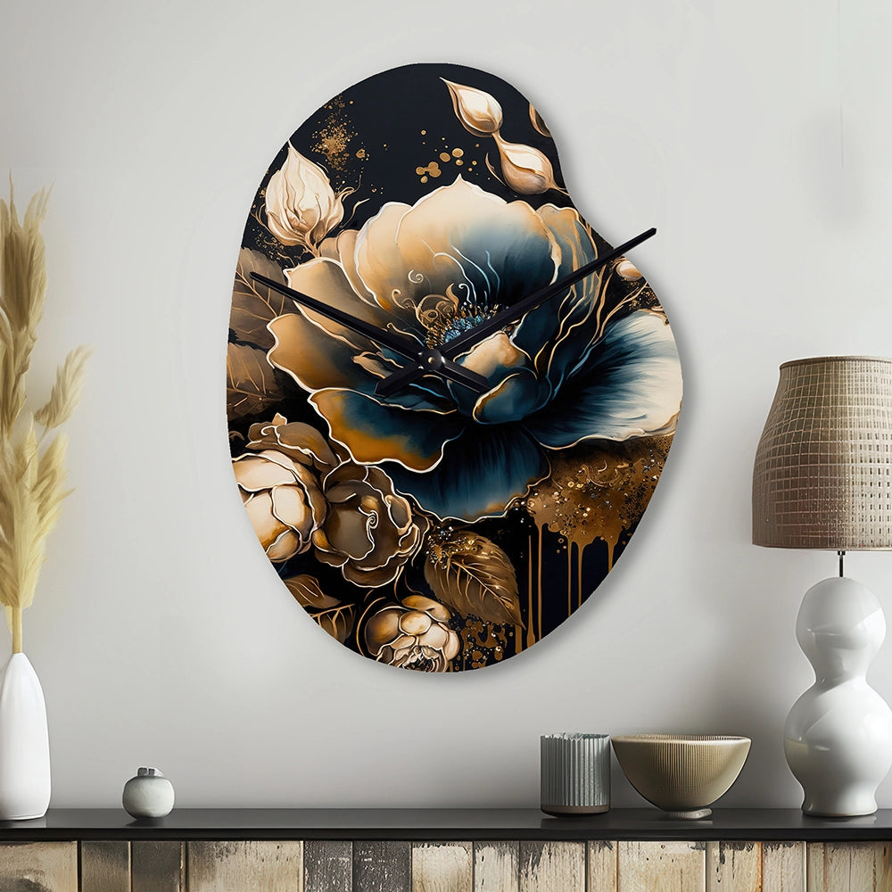 Navy Blue And Gold Rose II - Asymmetric Metal Wall Clock