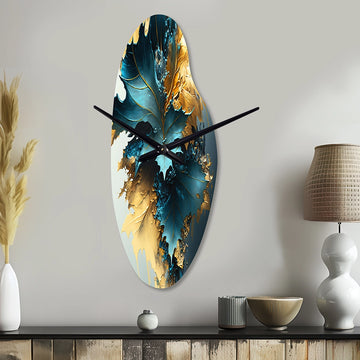 Abstract Blue And Gold Leaves II - Asymmetric Metal Wall Clock