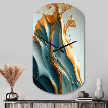 Abstract Blue And Gold Leaves III - Asymmetric Metal Wall Clock