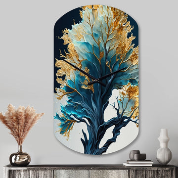 Abstract Blue And Gold Leaves IV - Asymmetric Metal Wall Clock