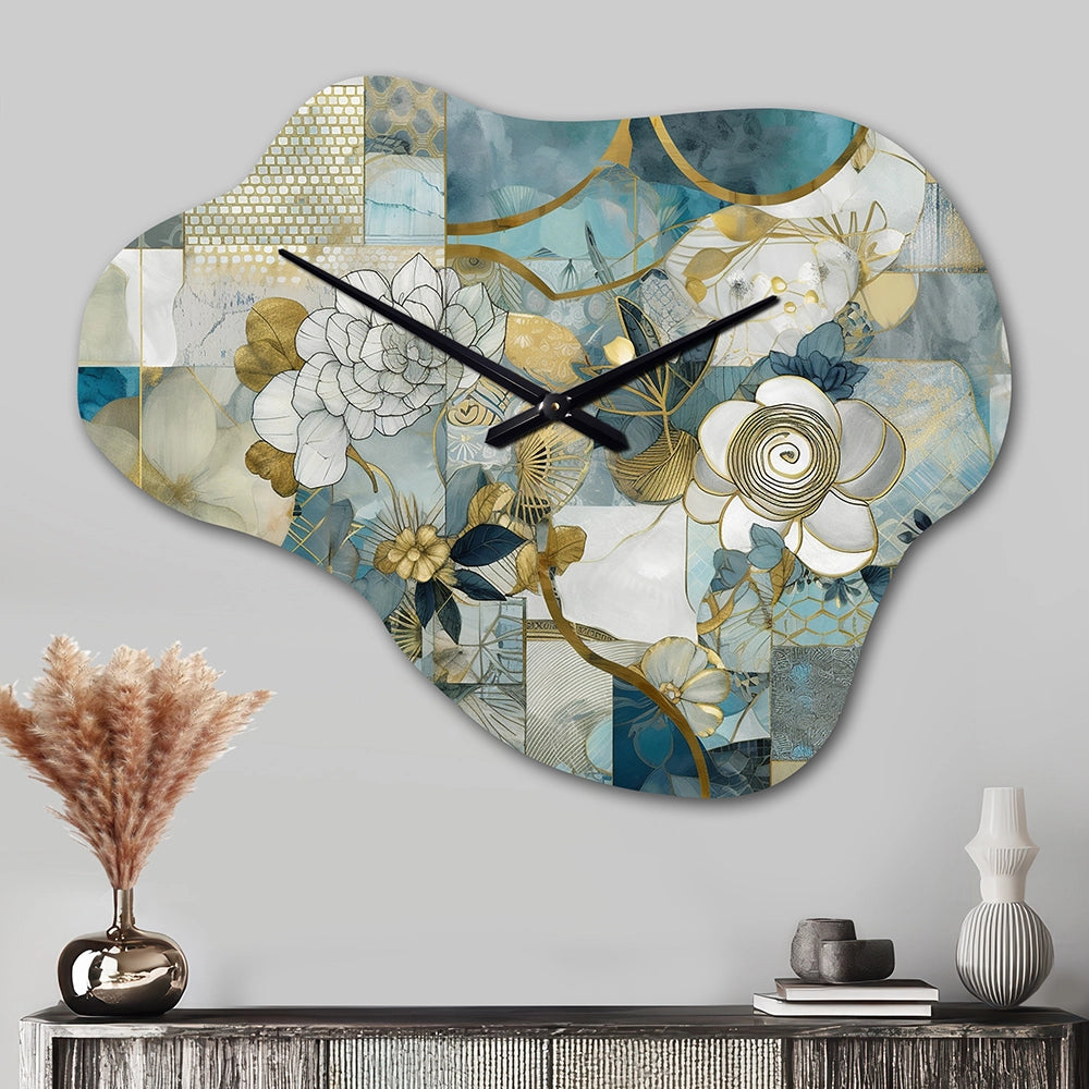 Golden Blue Marble Floral Design II - Asymmetric Metal Wall Clock