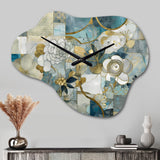 Golden Blue Marble Floral Design II - Asymmetric Metal Wall Clock