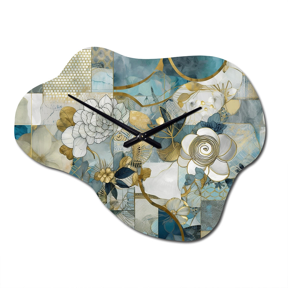 Golden Blue Marble Floral Design II - Asymmetric Metal Wall Clock