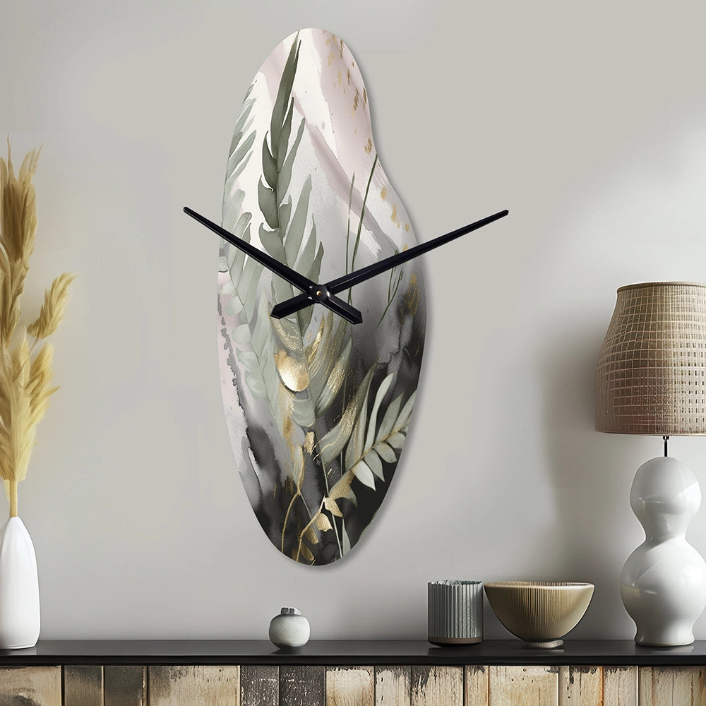 Green Fern Whispers I - Asymmetric Metal Wall Clock