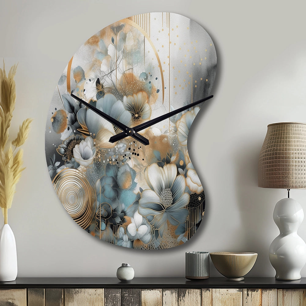 Golden Blue Silky Flower Design II - Asymmetric Metal Wall Clock