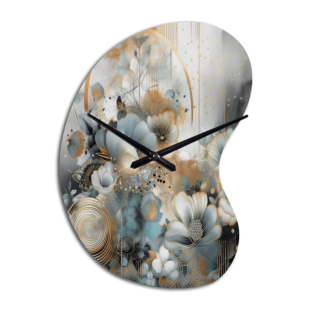 Golden Blue Silky Flower Design II - Asymmetric Metal Wall Clock