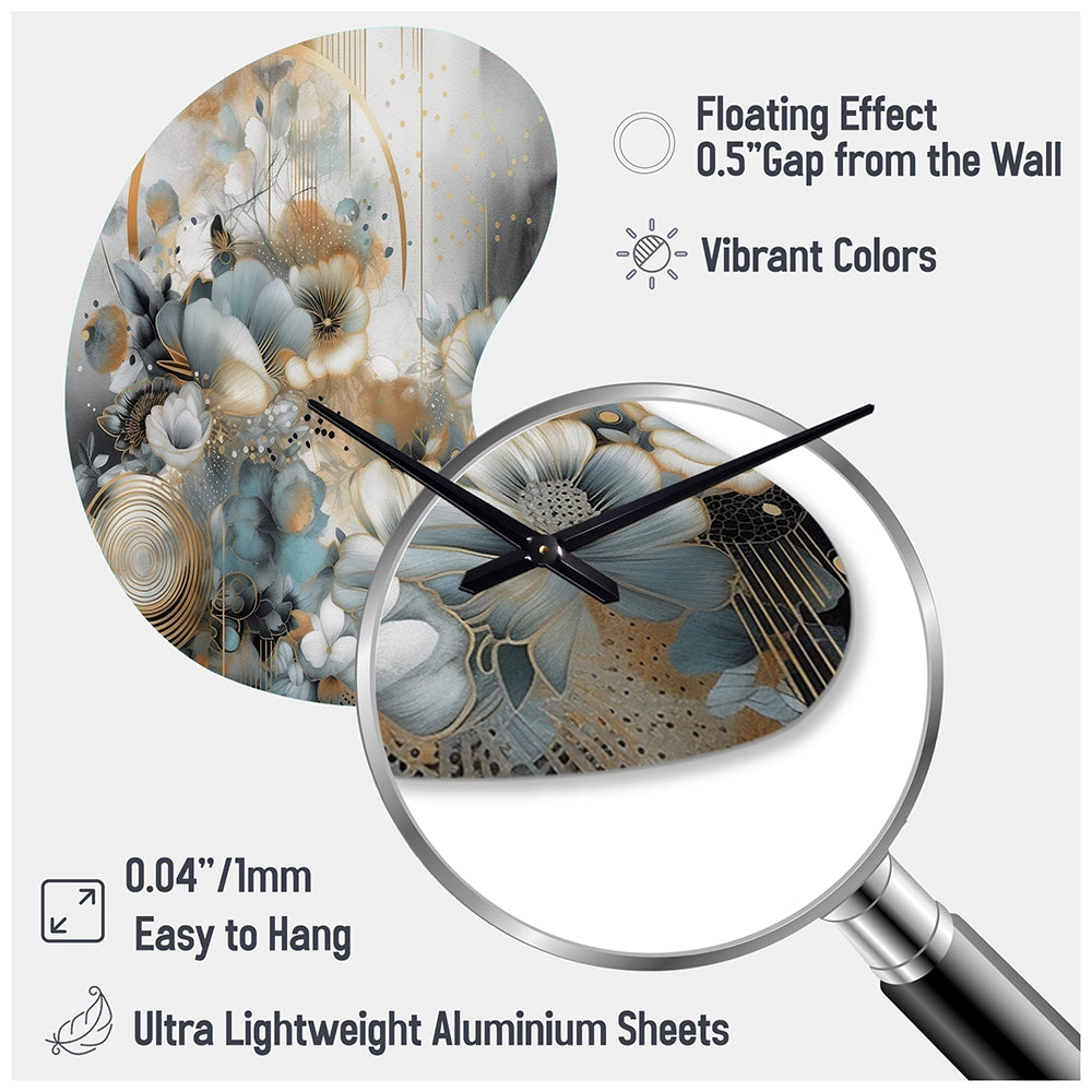 Golden Blue Silky Flower Design II - Asymmetric Metal Wall Clock