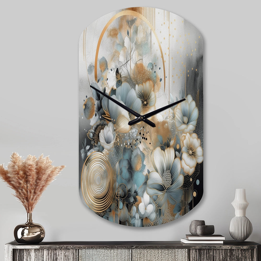Golden Blue Silky Flower Design II - Asymmetric Metal Wall Clock
