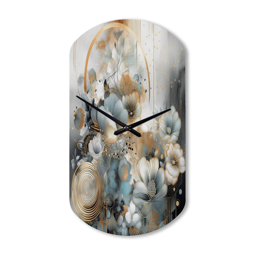Golden Blue Silky Flower Design II - Asymmetric Metal Wall Clock