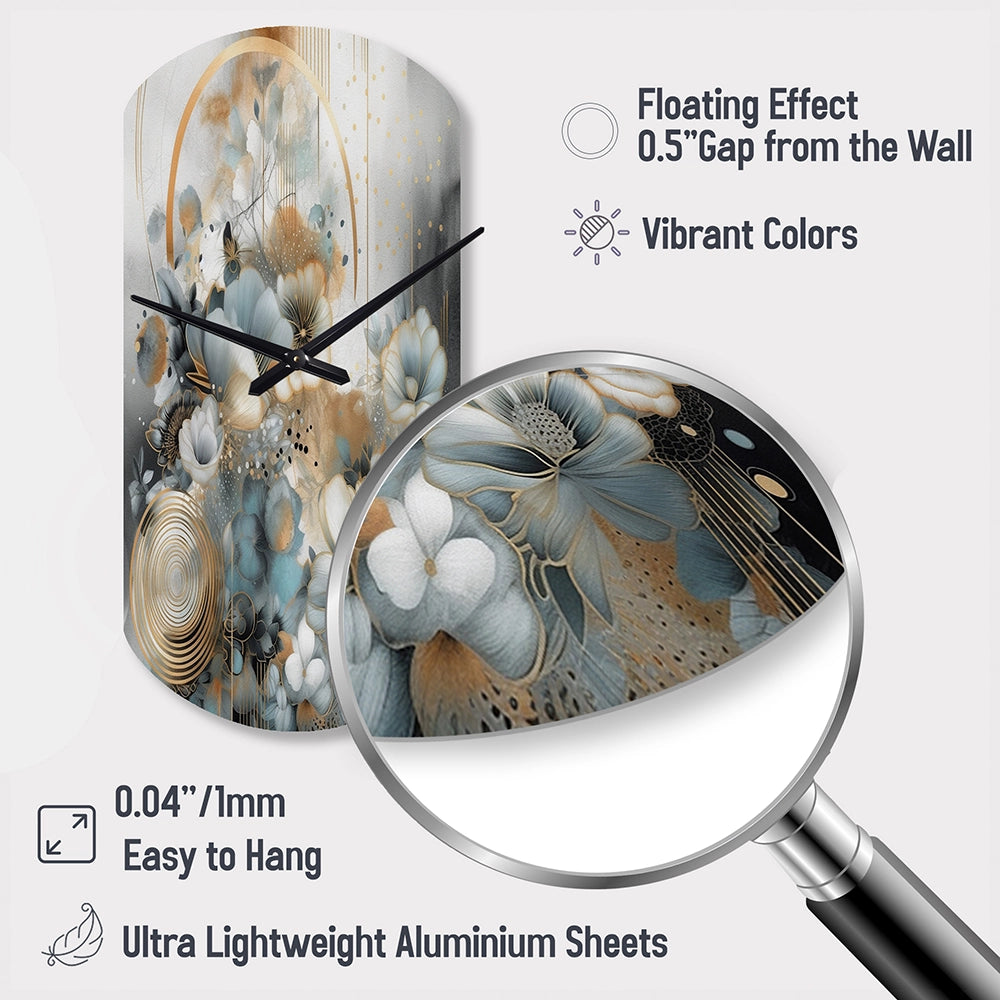 Golden Blue Silky Flower Design II - Asymmetric Metal Wall Clock