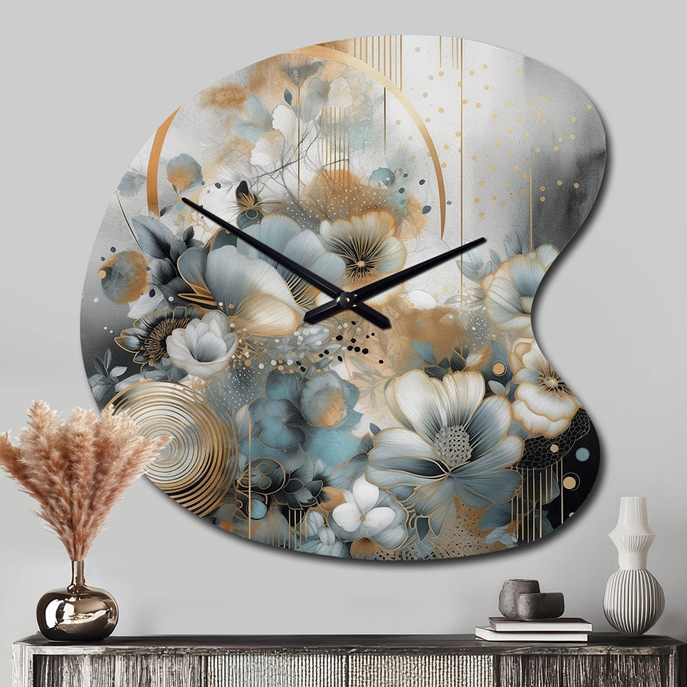 Golden Blue Silky Flower Design II - Asymmetric Metal Wall Clock