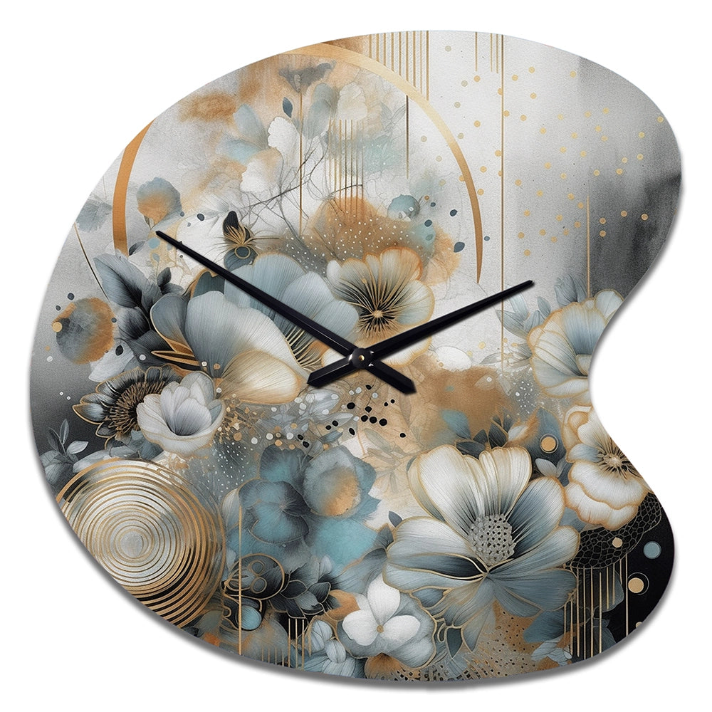 Golden Blue Silky Flower Design II - Asymmetric Metal Wall Clock